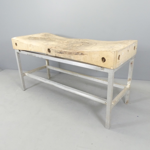 2602 - A pine butcher's block on galvanised metal stand. 152x83x62cm.