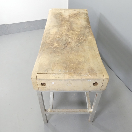 2602 - A pine butcher's block on galvanised metal stand. 152x83x62cm.