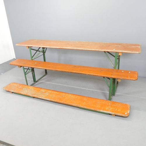 2610 - A painted pine rectangular beer festival table with folding metal legs, and two matching benches. 22... 