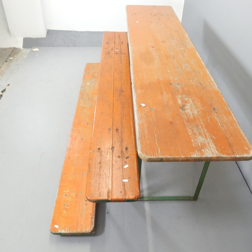 2610 - A painted pine rectangular beer festival table with folding metal legs, and two matching benches. 22... 