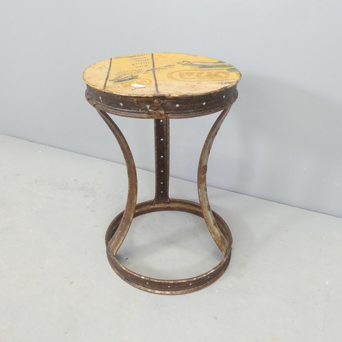 2614 - A vintage industrial style side table with painted top. 33x47cm.