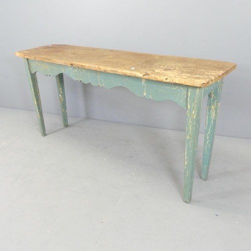 2620 - An antique mahogany side table on painted base, appears to have been used as a work bench. 161x77x46... 