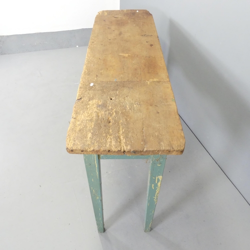 2620 - An antique mahogany side table on painted base, appears to have been used as a work bench. 161x77x46... 