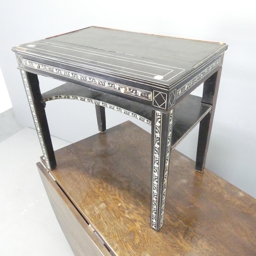 2638 - An antique ebonised two-tier side table, with felted slide and bone inlaid decoration, 57x50x48cm, a... 