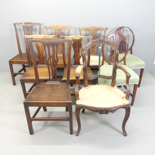 2642 - A group of nine various antique chairs including a fauteuil chair (for re-upholstery).