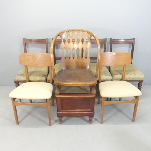 2643 - An Art Deco bentwood low chair, a pair of mid-century teak dining chairs, a set of four mahogany din... 