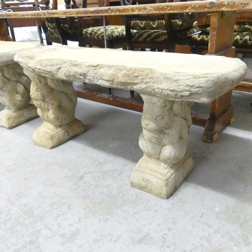 2652 - A modern concrete three section garden bench with squirrel supports. 100x42x36cm