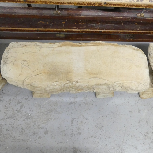 2653 - A modern concrete three section garden bench with squirrel supports. 100x42x36cm