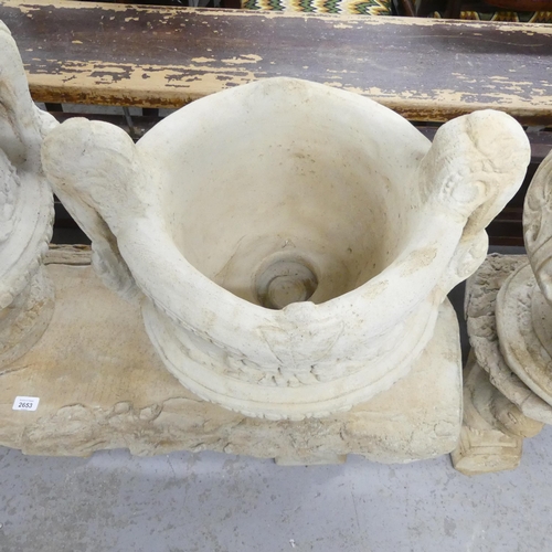 2656 - A pair of modern concrete two-section garden urns. 48x50cm.