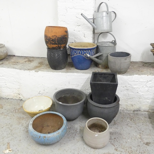 2681 - Nine various glazed ceramic garden planters, largest 68x28cm, a kitchen bowl, and two galvanised wat... 