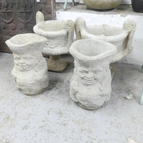 2693 - A pair of modern concrete two-section garden urns, 50x53x36cm, and pair of concrete planter/umbrella... 