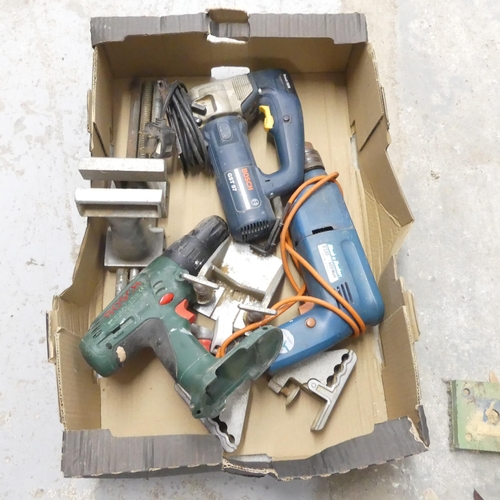 2707 - A box containing a Bosch GST97 jigsaw, a Black and Decker D220 hammer drill, a Bosce PSB 24 VE-2 and... 