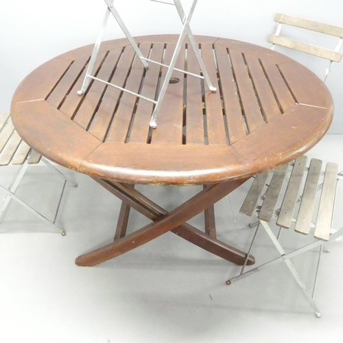 2711 - A teak slatted folding garden table, 120x73cm, and a set of four Parisienne café style folding chair... 