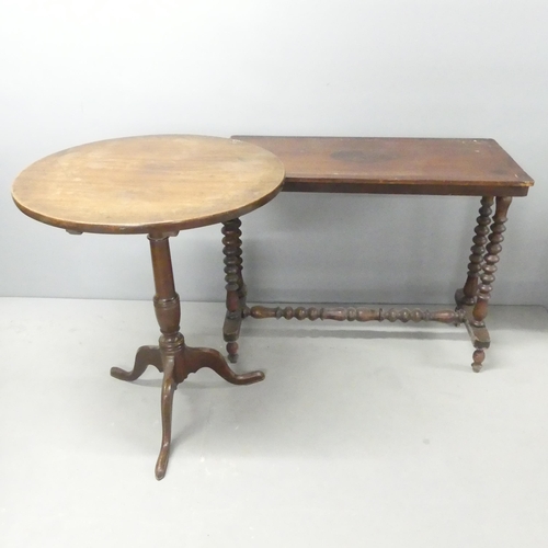 2715 - An antique mahogany stretcher table with turned supports 85x68x41cm, and a Georgian mahogany tilt to... 