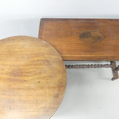 2715 - An antique mahogany stretcher table with turned supports 85x68x41cm, and a Georgian mahogany tilt to... 