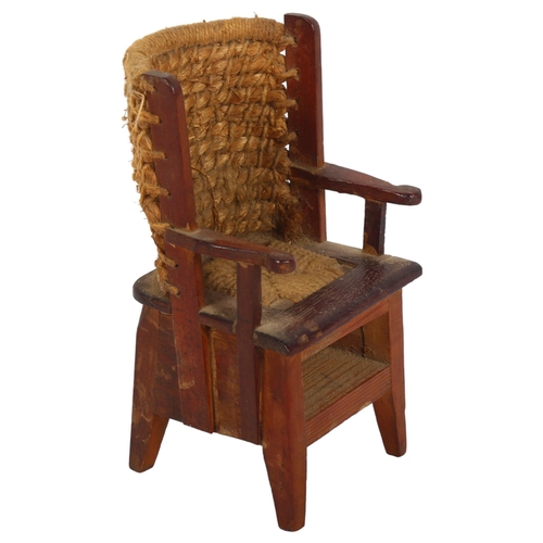 102 - A miniature apprentice piece Orkney chair, with woven back, H14cm (drawer missing)