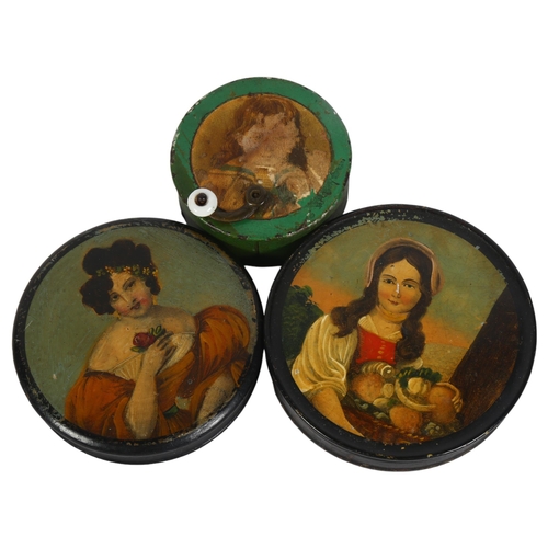 106 - 2 similar 19th century circular lacquer boxes decorated with portraits of young women, diameter 9cm,... 