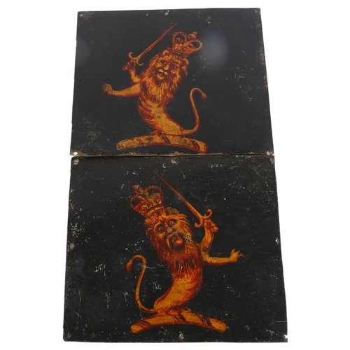 107 - A pair of Antique painted copper plaques, Heraldic lion decoration, 17 x 20cm