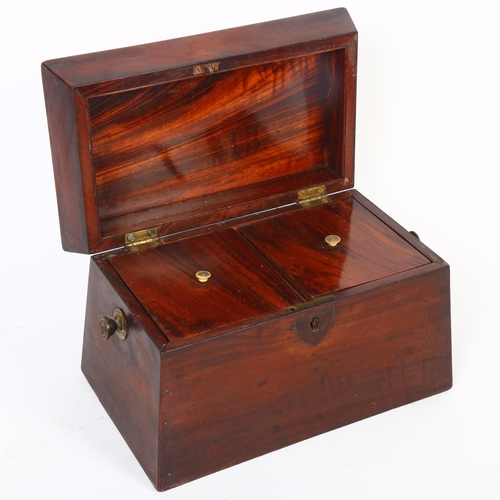 11 - 19th century mahogany sarcophagus tea caddy, with 2 inner fitted lids, and brass handles, W22cm