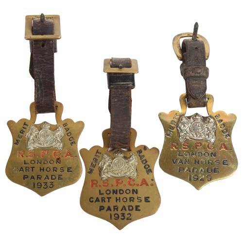 112 - 3 RSPCA London cart horse and van horse parade brass badges with leather straps, dated 1929, 1932 an... 