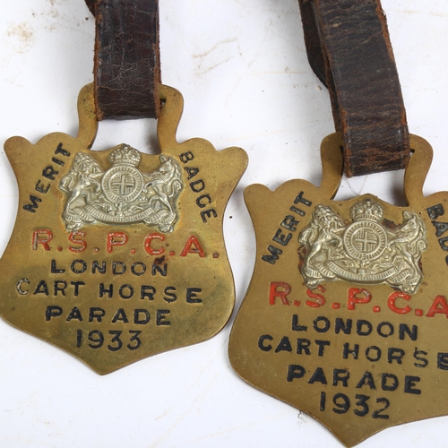 112 - 3 RSPCA London cart horse and van horse parade brass badges with leather straps, dated 1929, 1932 an... 