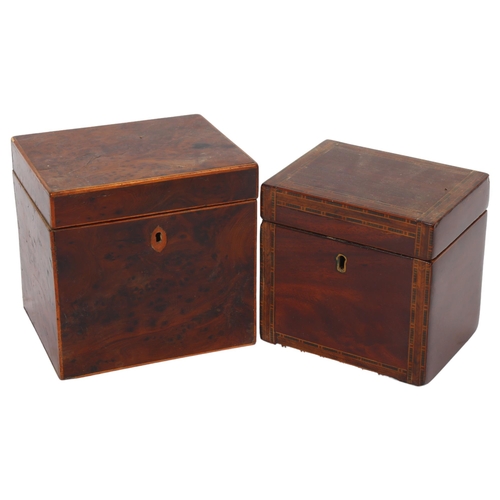 12 - A Regency burr-walnut tea caddy, with single fitted lid, W13.5cm (lacking feet), and another banded ... 