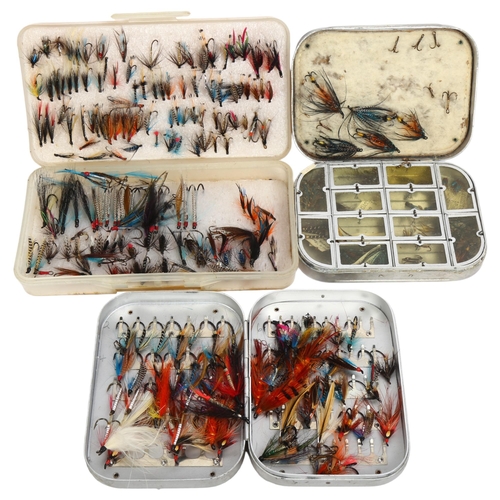 123 - 2 Wheatley slim alloy metal-cased fishing fly boxes, complete with flies, and another (3)