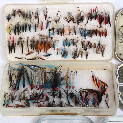 123 - 2 Wheatley slim alloy metal-cased fishing fly boxes, complete with flies, and another (3)