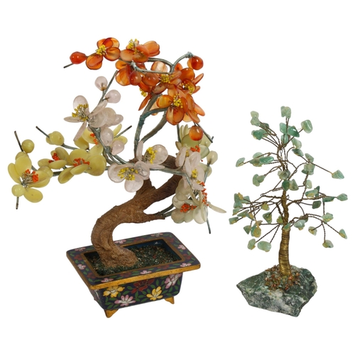 127 - 2 Oriental design hardstone trees, 1 in a cloisonne stand, tallest 20cm