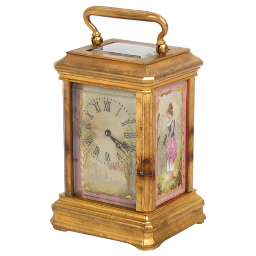 128 - A miniature modern brass-cased carriage clock, with painted ceramic panels, height not including the... 