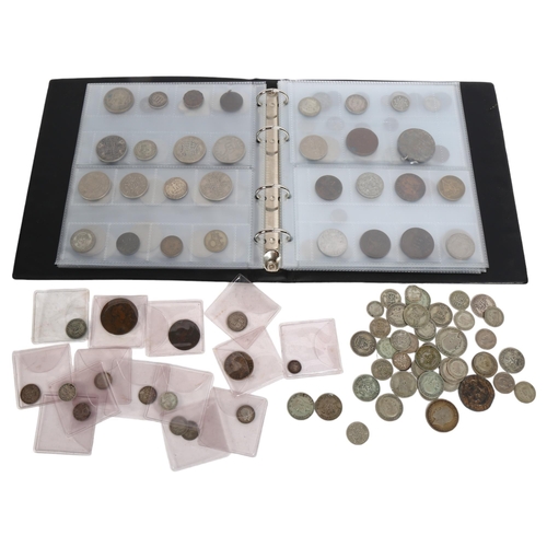 131 - A quantity of various silver coins, an Irish shilling and a folder of UK and worldwide coins