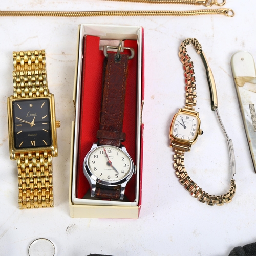 135 - Various wristwatches, an amber and silver-mounted pipe, cased, penknife etc