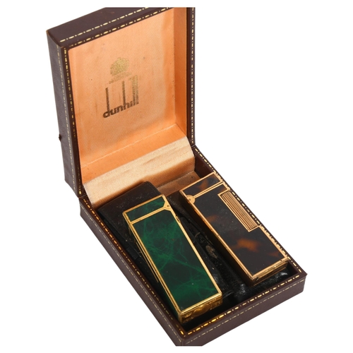 136 - 2 cased Dunhill lighters, 1 with malachite panels, the other having tigers eye style design panels, ... 