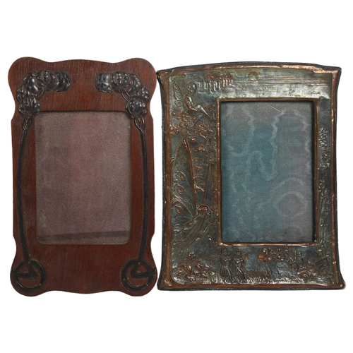 137 - An Art Nouveau embossed copper-mounted photo frame, and a 1920s oak photo frame with applied decorat... 