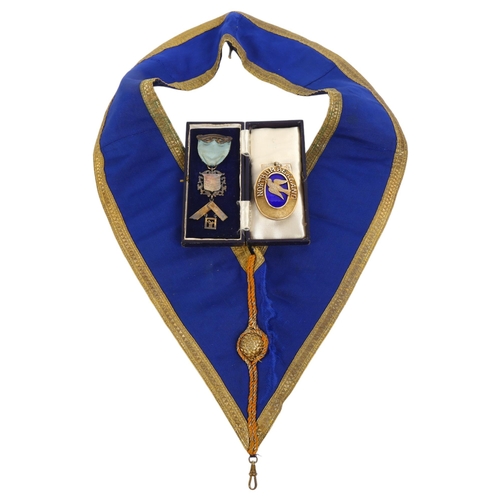 149 - A silver-gilt blue enamel Masonic medallion for Northumberland with matching silk sash, a silver pre... 