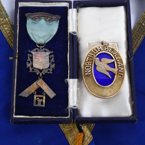 149 - A silver-gilt blue enamel Masonic medallion for Northumberland with matching silk sash, a silver pre... 