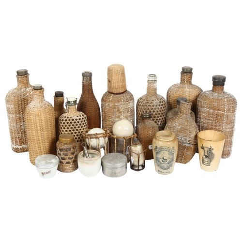 158 - A collection of various Vintage motoring picnic wicker-covered bottles and jars, a Taylor & Rolph ce... 