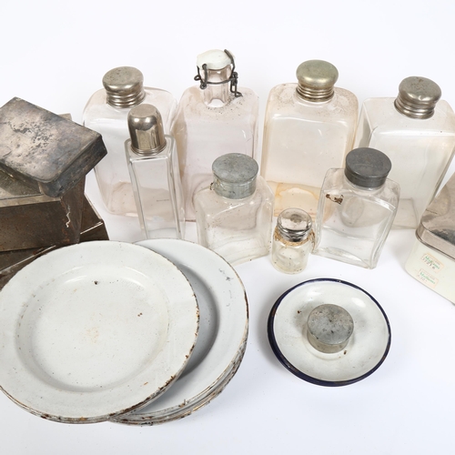 159 - A collection of Vintage motoring picnic enamelled plates, chrome plate sandwich boxes, glass flasks ... 