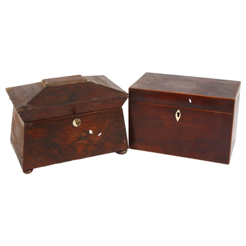 161 - A Regency rosewood sarcophagus tea caddy with fitted lids, L21cm (2 feet missing), and a mahogany an... 