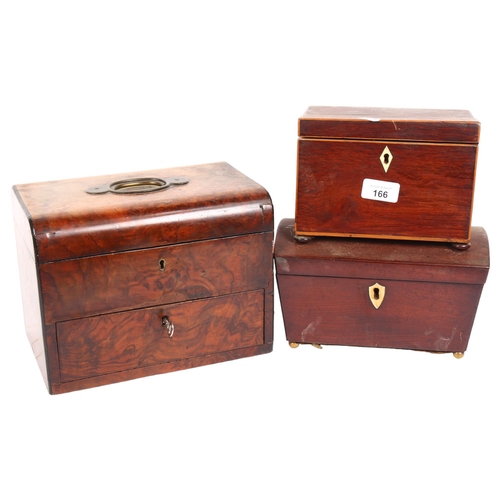 166 - 19th century burr-walnut sewing box with drawer, and 2 x 19th century tea caddies (3)