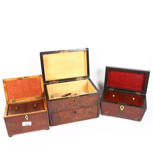 166 - 19th century burr-walnut sewing box with drawer, and 2 x 19th century tea caddies (3)