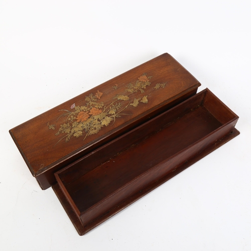 175 - A Japanese Meiji Period hardwood box, with inlaid copper brass and mother-of-pearl decoration, 36 x ... 