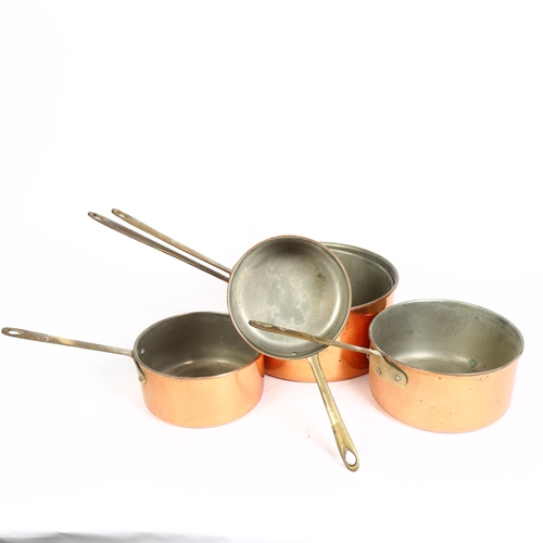 185 - A graduated set of 5 copper and brass-handled saucepans