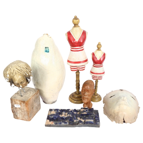 188 - An abstract pottery sculpture, 2 painted turned wood figural display stands, an African bust, studio... 