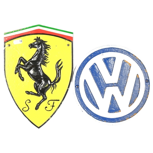 192 - 2 painted cast-iron car signs for Ferrari and Volkswagen