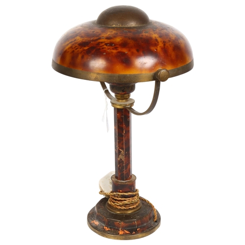 193 - A mid-century painted metal desk lamp, brass-bound with hinged shade, H41cm