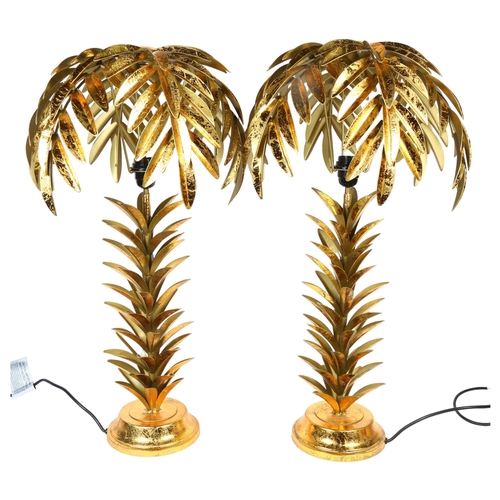 21 - A pair of Hollywood Regency style palm leaf design table lamps and shades, H71cm (modern)