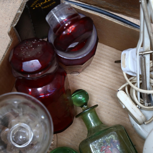 210 - A pair of Bohemian etched cranberry glass bottles and stoppers, 1 A/F, a bubble glass decanter with ... 