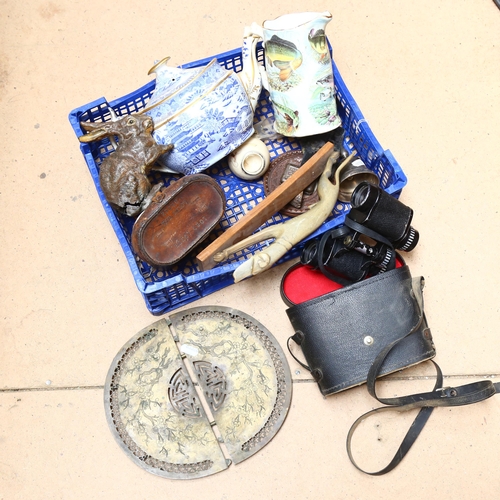 211 - A cased pair of binoculars, a Chinese brass stand, fish design jug, teapot etc