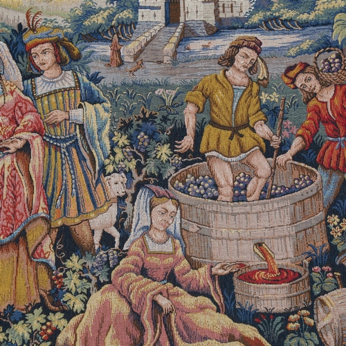 226 - A machine-made tapestry, with Medieval grape pickers and wine making decorative picture, tapestry en... 